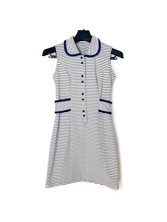 Vintage Dresses & Skirts - Vintage Navy White Striped Polo Dress Retro Mod Preppy Golf Tennis Nautical Sz S